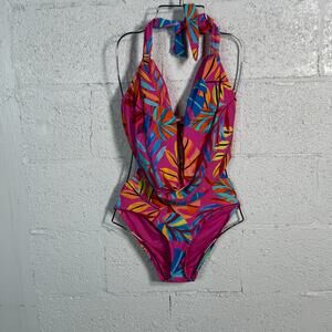 Bar III Tropical print Cowlneck One-Piece Swimsuit magic magenta, S MSRP $94